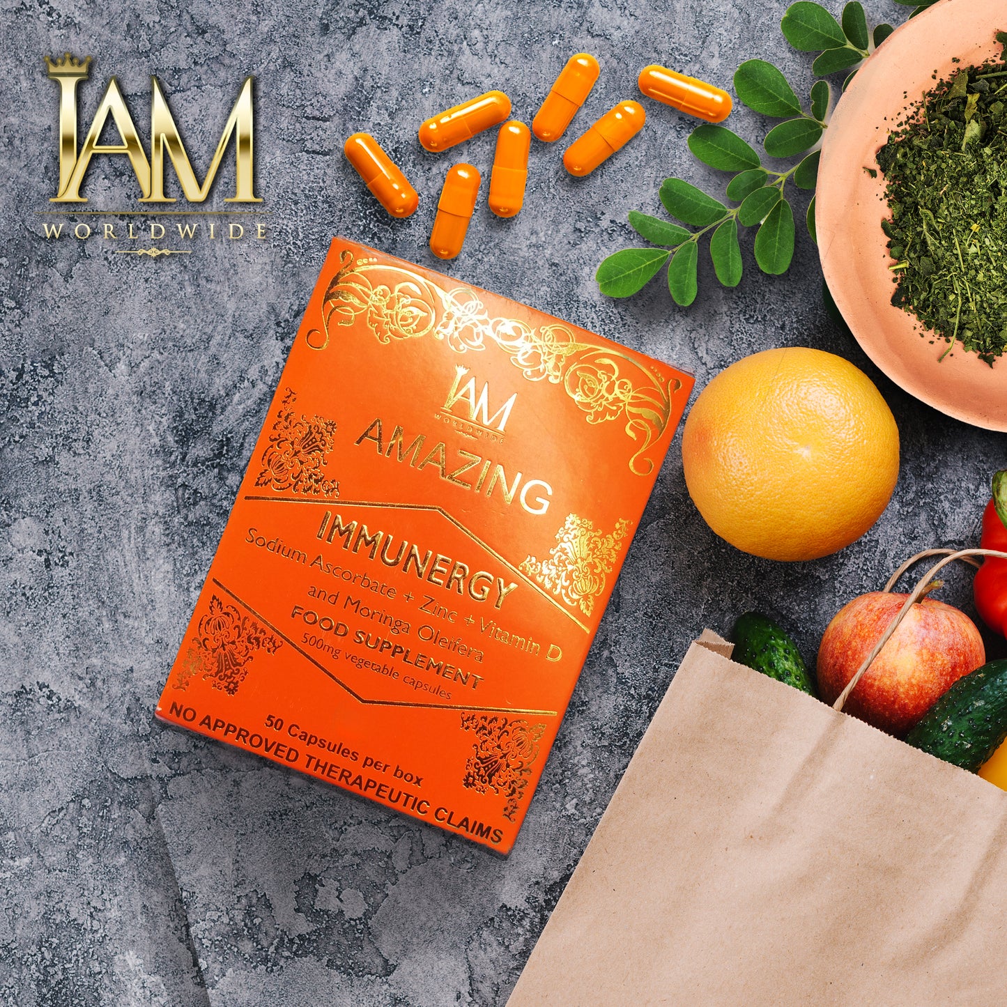 IAM Worldwide Immunergy Supplement - Vitamin C, Zinc, Vitamin D, Moringa Oleifera (50 Capsules)